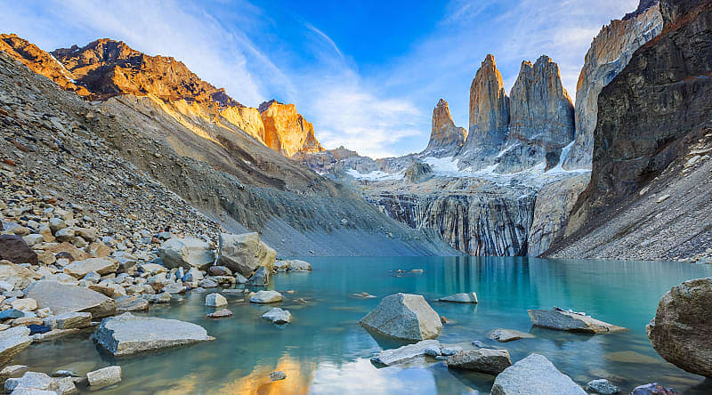 Thee Towers, Torres del Paine National Park, Chile Patagonia's Three Towers and glacial lake in Torres del Paine, National Park, Chile