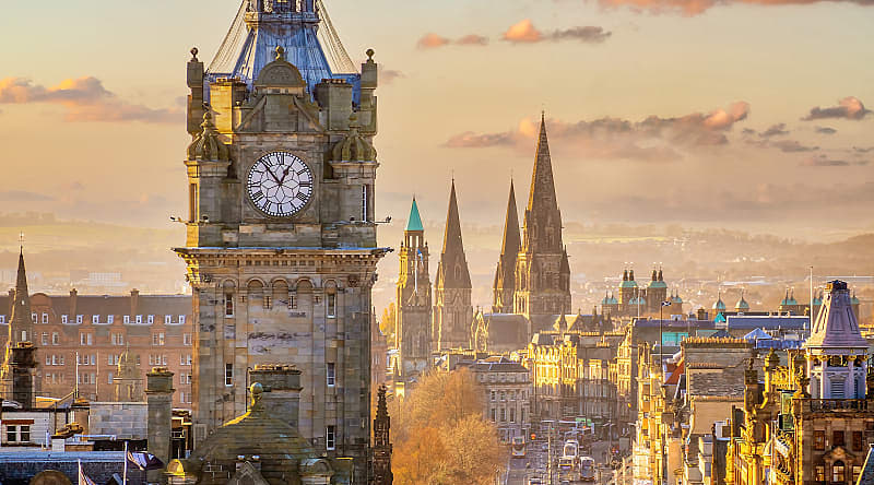 Edinburgh, Scotland, UK Old town Edinburgh city skyline in Scotland at sunset