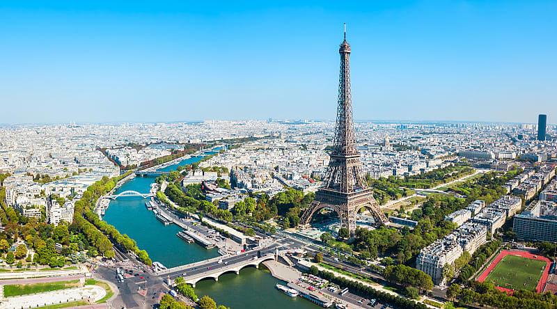 Aerial view of the Eiffel Tower in Paris, France