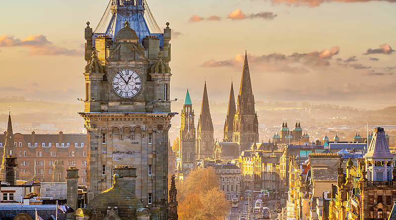 Edinburgh, Scotland, UK Old town Edinburgh city skyline in Scotland at sunset