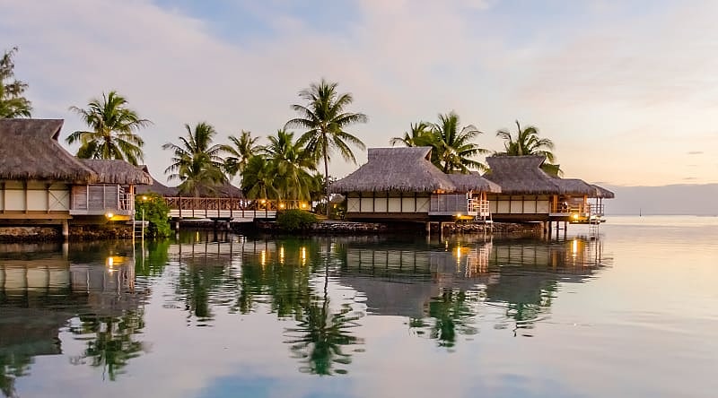 Overwater bungalows in Moorea, French Polynesia Overwater bungalows in Moorea, French Polynesia