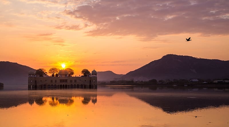 Romantic sunset over Jal Mahal on Man Sagar lake in Jaipur, India Romantic sunset over Jal Mahal on Man Sagar lake in Jaipur, India