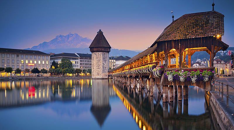 Lucerne, Switzerland during twilight blue hour