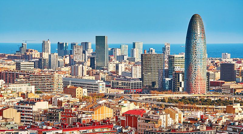 Skyline Barcelona, Spain with the  Mediterranean Sea in the background