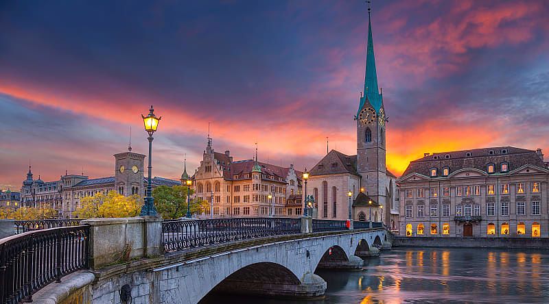 Bridge over the Limmat river leading into the the historic city center of Zurich, Switzerland.