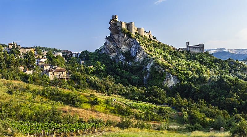 Medival Castello di Roccascalegna on a hill surrounded by fields and vineyards in Roccascalegna, Province of Chieti, Abruzzo