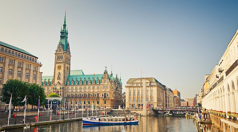 Beautiful view of Hamburg city center with town hall and Alster river Beautiful view of Hamburg city center with town hall and Alster river