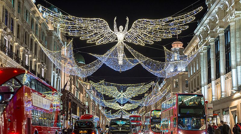 Regent Street decorated with Christmas lights in London, England