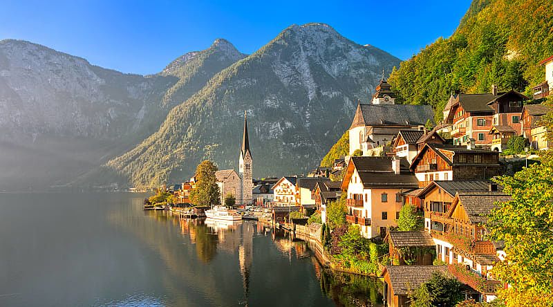 Wooden houses in Hallstatt village on an alpine lake in Salzkammergut, Austria