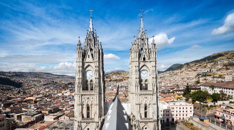 Twin steeples of the Basilica del Voto Nacional in Quito, Ecuador Twin steeples of the Basilica del Voto Nacional in Quito, Ecuador
