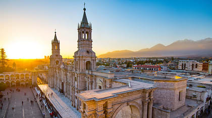 The Basilica Cathedral of Arequipa on sunset in Peru The Basilica Cathedral of Arequipa on sunset in Peru