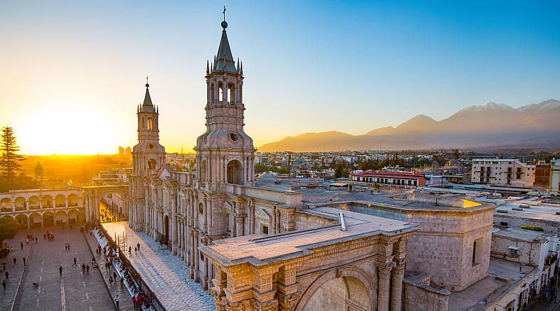 The Basilica Cathedral of Arequipa on sunset in Peru The Basilica Cathedral of Arequipa on sunset in Peru