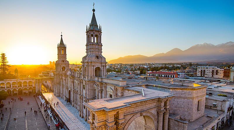 The Basilica Cathedral of Arequipa on sunset in Peru