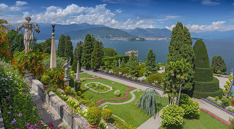 Garden and statues on Isola Bella overlooking Lake Maggiore.