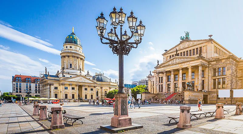 View of famous Gendarmenmarkt square with Berlin Concert Hall and German Cathedral