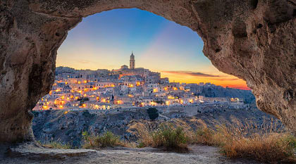Medieval city of Matera in Southern Italy during a sunset