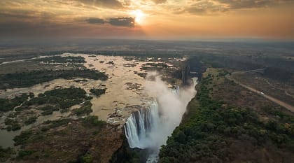 Aerial view of Victoria Falls at sunset