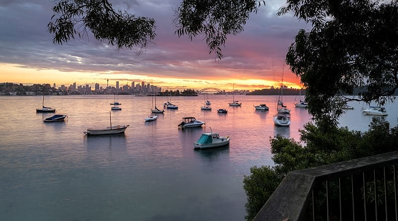 View of Sydney Harbour at sunset in Australia View of Sydney Harbour at sunset in Australia