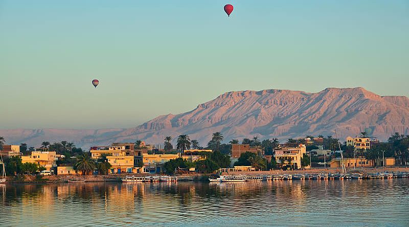 Hot air ballon over Nile river in Egypt