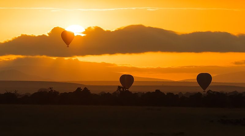 Hot air balloons drifting over the Masai Mara Savannah at dawn 
