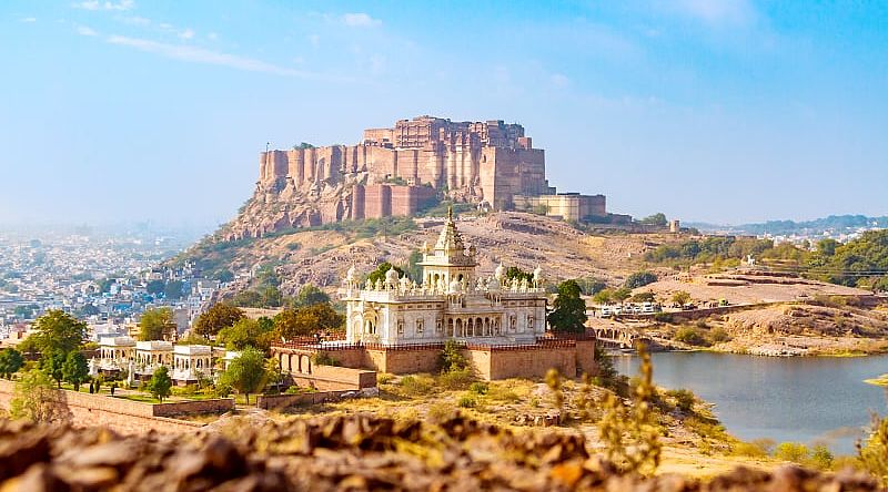 Mehrangarh Fort with the Jaswant Thada memorial in the foreground in Jodhpur, India.
