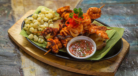 Shrimp and octopus main coarse at restaurant Chorillos District of Lima, Peru