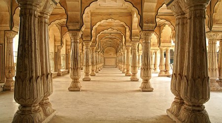 Columns and arches of Amber Fort in Jaipur, India