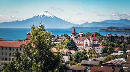 Puerto Varas with Sacred Heart church and Osorno Volcano in Chile