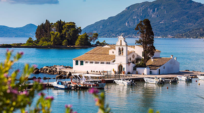 Vlacherna monastery and Mouse Island, Corfu, Greece