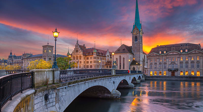 Bridge over the Limmat river leading into the the historic city center of Zurich, Switzerland.