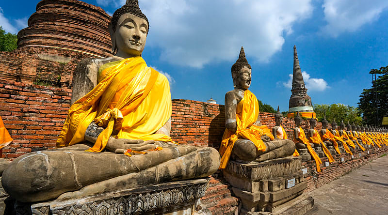Buddha statues in Ayutthaya ruins in Thailand. 