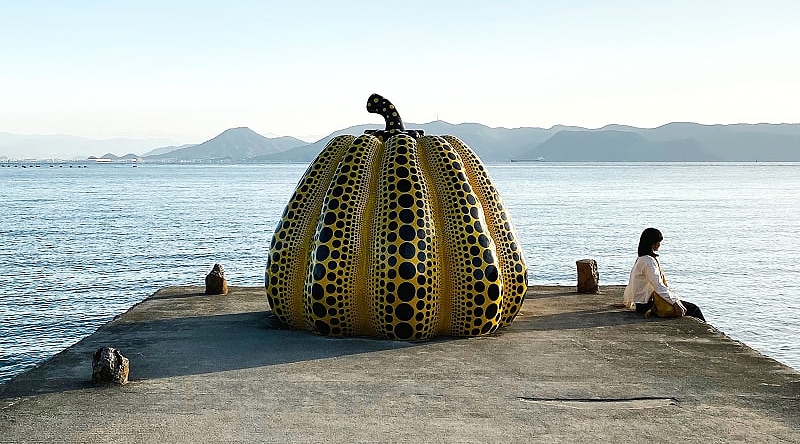 This yellow pumpkin sculpture, by Japanese artist Yayoi Kusama, located on the island of Naoshima, Japan.