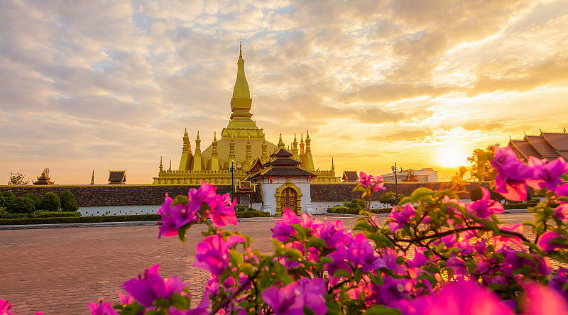 Sunrise over Pha That Luang, Golden Pagoda, in Vientiane, Laos