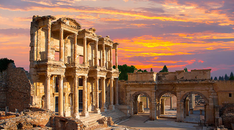 Celsus Library in Ephesus at sunset, Turkey