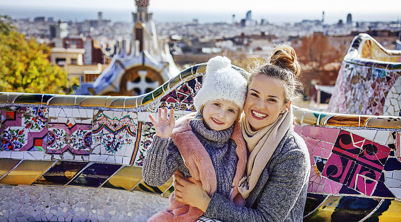 Mom and daughter at Park Guell in Barcelona, Spain