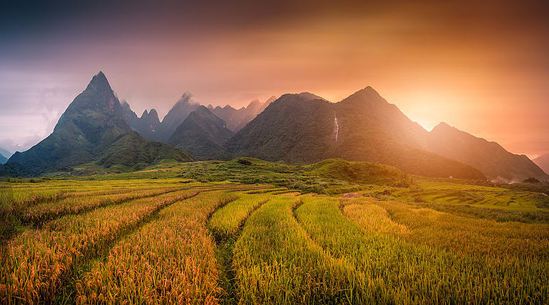 Countryside landscape with Mount Fansipan in of Lao Cai, Vietnam