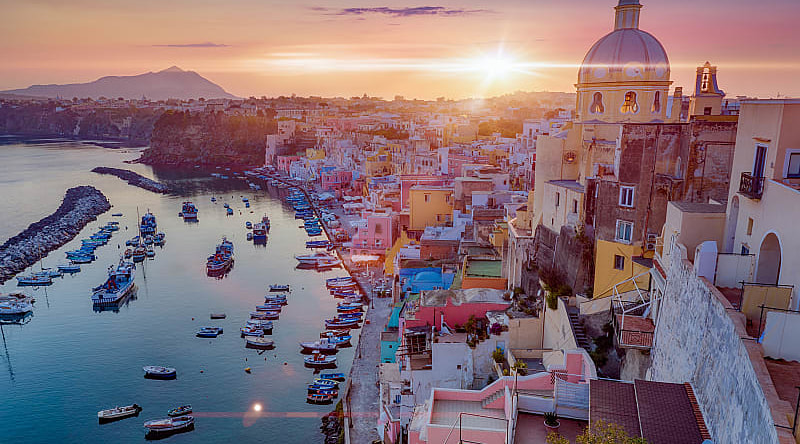 Romantic sunset over Procida, one of the Flegrean Islands off the coast of Naples in southern Italy