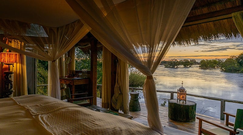 Sunset view from chalet near Victoria Falls, Zambia.  Photo courtesy of Sindabezi Island Camp