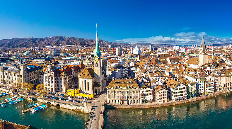 Historic city center of Zurich with famous Fraumünster church and the Limmat river in Switzerland