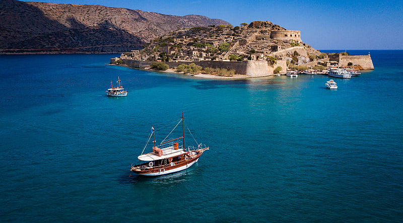 Ruins on Spinalonga Island, in the Gulf of Elounda in north-eastern Crete, Greece