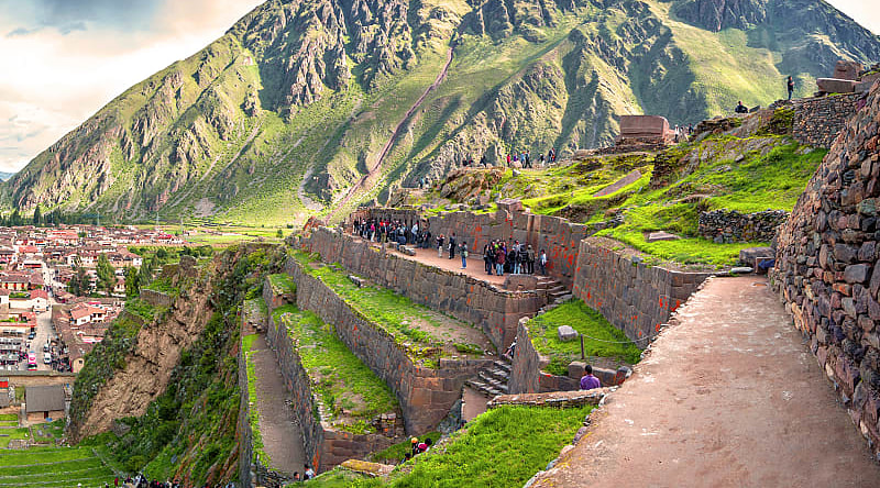 Old Inca fortress in the Sacred Valley in the Andes mountains of Cusco, Peru.