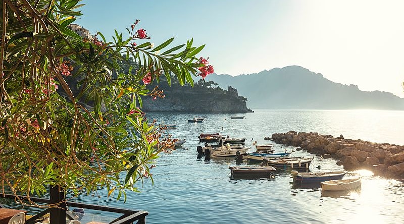View of the bay and boats in the Conca dei Marini on the Amalfi Coast