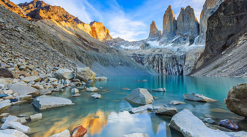 Patagonia's Three Towers and glacial lake in Torres del Paine, National Park, Chile