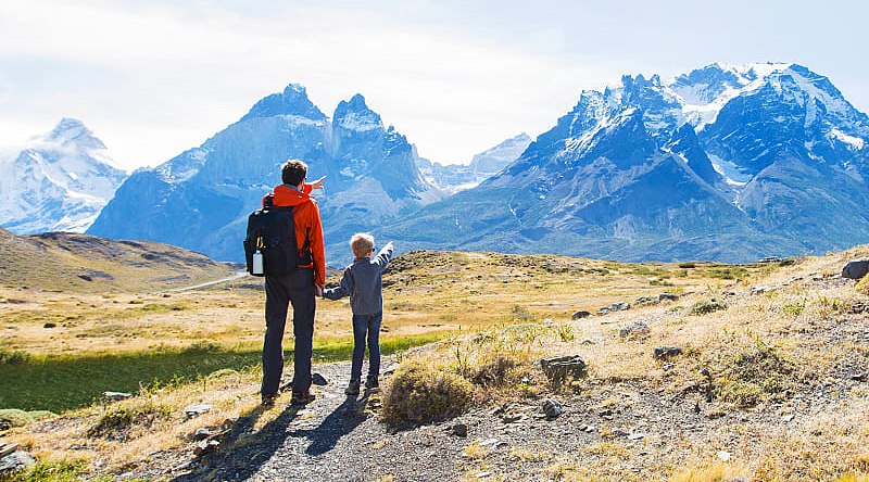 A family hiking at Torres del Paine National Park in Patagonia.