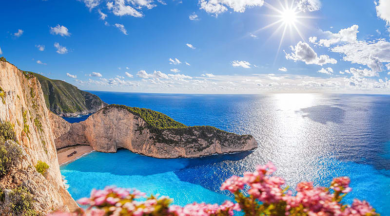 Navagio beach with shipwreck and flowers on Zakynthos island in Greece.