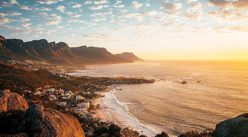 Table mountain and Cape Town at sunset in South Africa