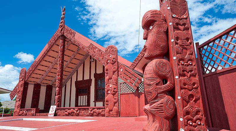 Maori carving and meeting house in Rotorua, New Zealand