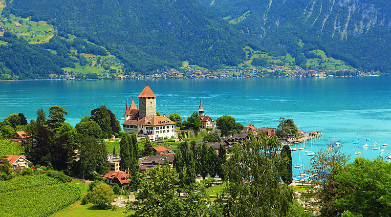 View of Spiez Castle on Lake Thun in Switzerland