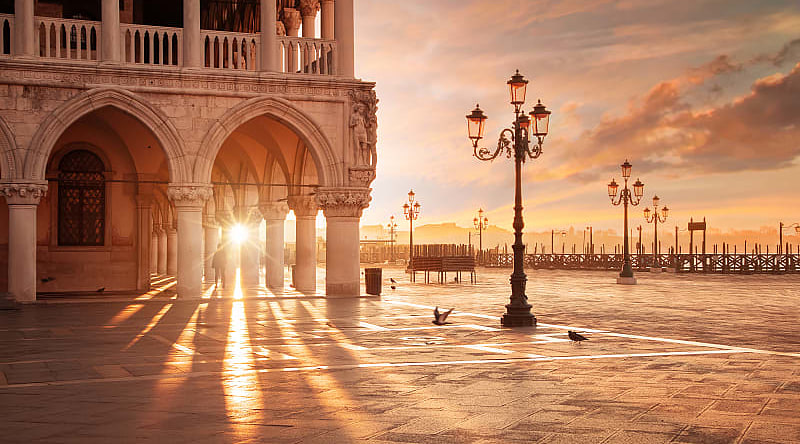 Stunning sunset at Tour Plaza Square, Venice