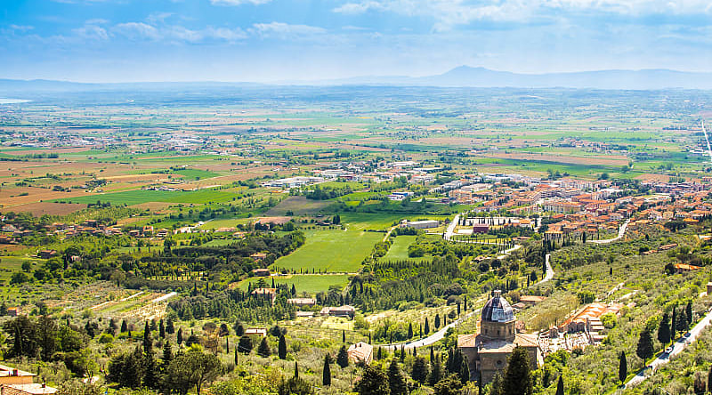 Panoramic view of the Val Di Chiana in Tuscany, Italy.
